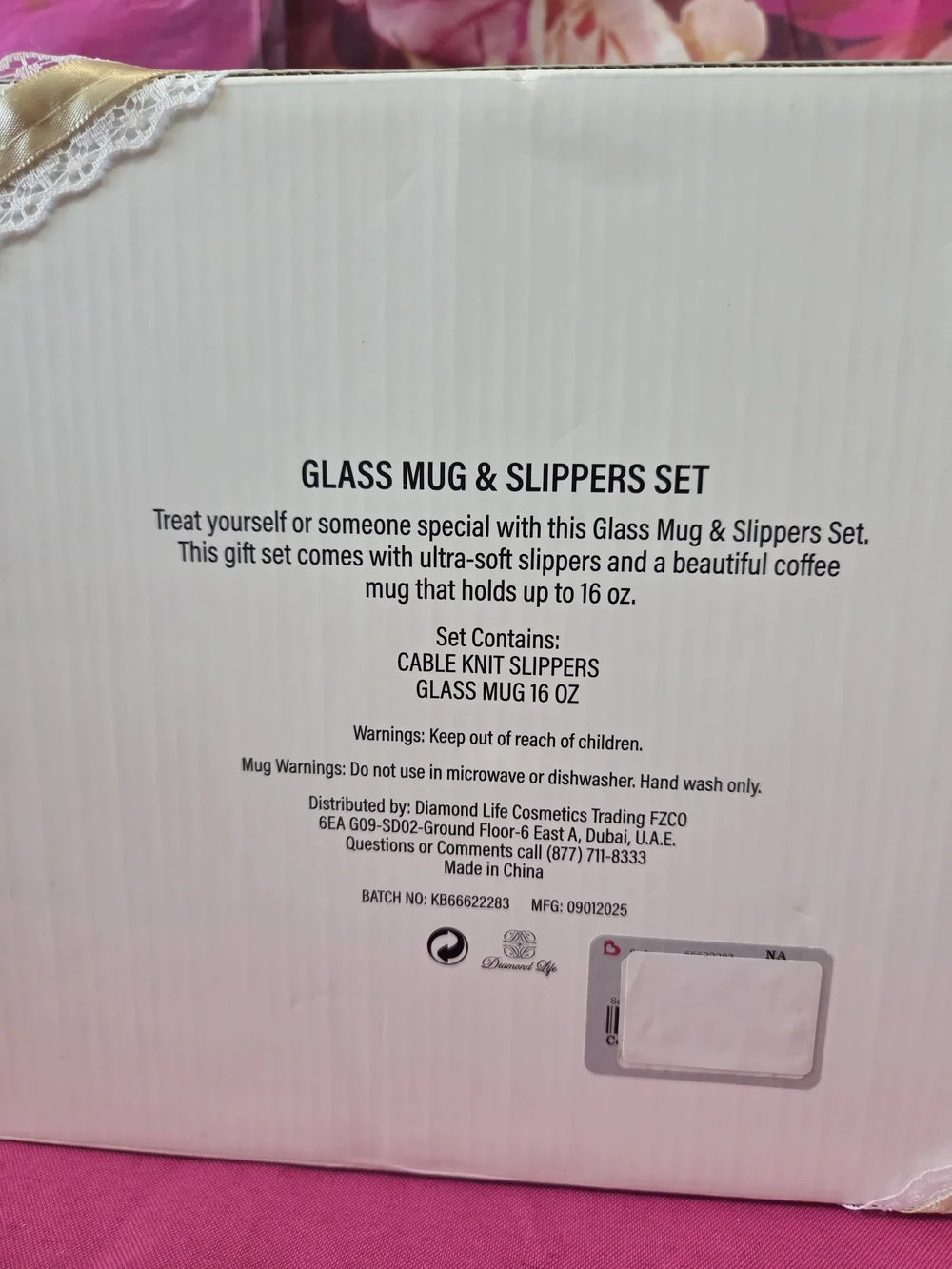 Diamond Supply Co. Pink Cable Knit Slipper & Glass Mug Set